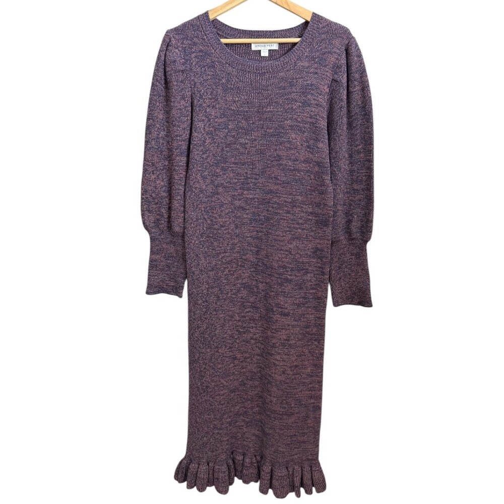 Amour Vert‎ Alaya Organic Cotton Balloon Sleeve Midi Sweater Dress Purple Large